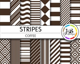 Stripes Digital Paper, Coffee, Brown, White, Stripes, Nautical, Digital Paper, Digital Download, Scrapbook Paper, Digital Paper Pack