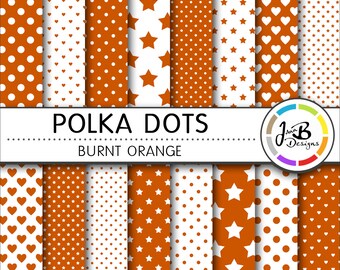 Polka Dots Digital Paper, Burnt Orange, Orange, Dots, Hearts, Stars, Digital Paper, Digital Download, Scrapbook Paper, Digital Paper Pack