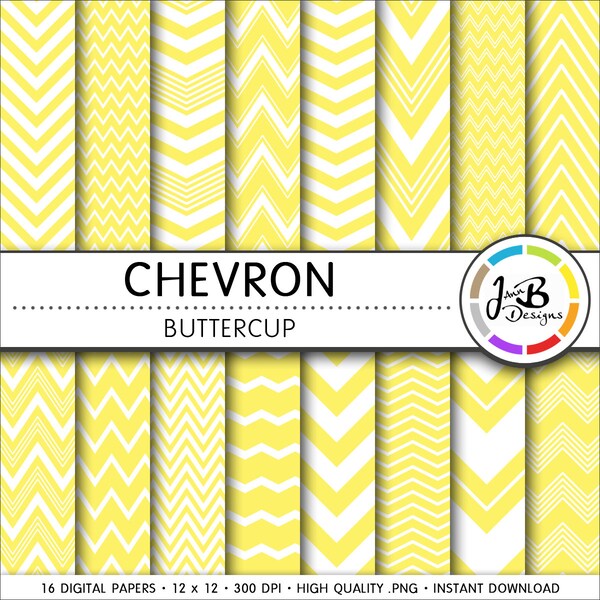 Chevron Digital Paper, Buttercup, Yellow, White, Chevron, Zig Zag, Digital Paper, Digital Download, Scrapbook Paper, Digital Paper Pack