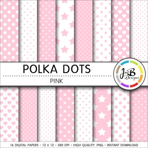 Carta digitale Polka Dots, Rosa chiaro, Rosa, Bianco, Punti, Cuori, Stelle, Carta Digitale, Download Digitale, Carta Scrapbook, Pacchetto Carta Digitale
