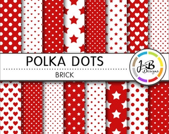 Polka Dots Digital Paper, Brick, Red, White, Dots, Hearts, Stars, Digital Paper, Digital Download, Scrapbook Paper, Digital Paper Pack