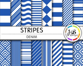 Stripes Digital Paper, Denim, Blue, Blue and White, Stripes, Nautical, Digital Paper, Digital Download, Scrapbook Paper, Digital Paper Pack