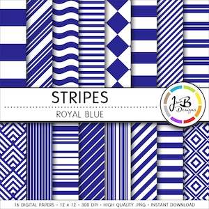 Stripes Digital Paper, Royal Blue, Blue, White, Stripes, Nautical, Digital Paper, Digital Download, Scrapbook Paper, Digital Paper Pack