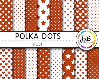 Polka Dots Digital Paper, Rust, Orange, White, Dots, Hearts, Stars, Digital Paper, Digital Download, Scrapbook Paper, Digital Paper Pack