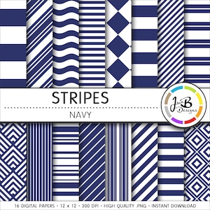 Carta digitale a righe, blu navy, blu e bianco, righe, nautica, carta digitale, download digitale, carta scrapbook, pacchetto di carta digitale