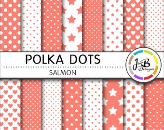 Polka Dots Digital Paper, Salmon, Red, White, Dots, Hearts, Stars, Digital Paper, Digital Download, Scrapbook Paper, Digital Paper Pack