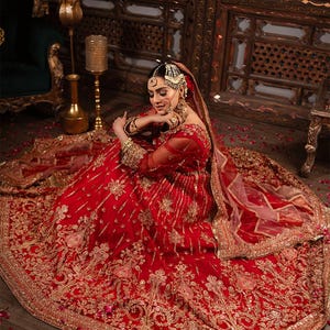 Red Bridal Lehenga Choli with Gold Zari Embroidery | Indian Wedding Dress | Pakistani Bridal Gown | Heavy Beaded Lehenga | Bridal Lehenga