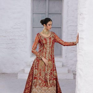 Red Bridal Farshi Sharara (SBM-7) - Red Bridal Lehenga | Luxury Wedding Dress | Heavy Embroidery | Pakistani Bridal Gown | Wedding Outfit
