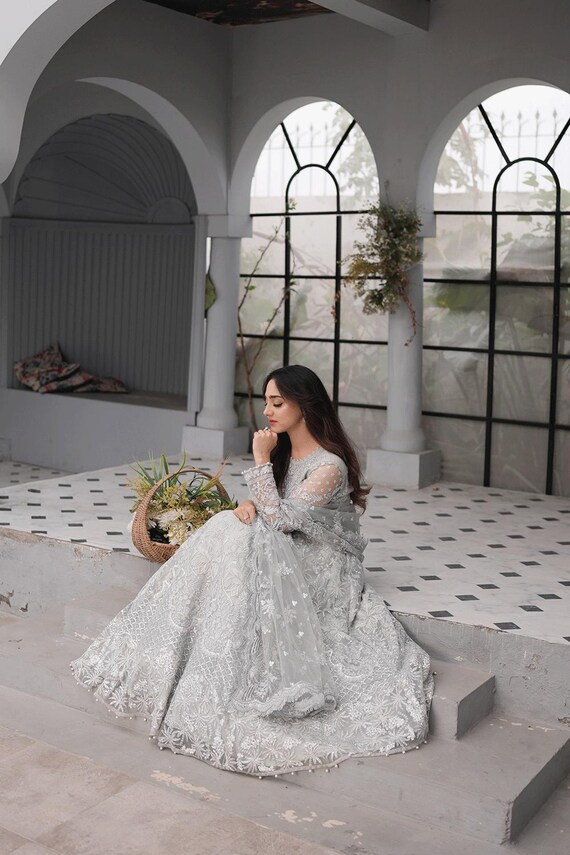 Exquisite Hand-embroidered Net Gown With Dupatta Elegant Wedding