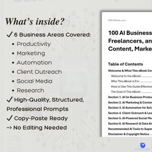 Puede incluir: Una portada de ebook de marketing digital con una lista de verificaci&oacute;n de 6 &aacute;reas comerciales cubiertas: productividad, marketing, automatizaci&oacute;n, alcance al cliente, redes sociales e investigaci&oacute;n. El ebook se titula "100 ideas de negocios de IA para aut&oacute;nomos, agencias y mercad&oacute;logos de contenido".
