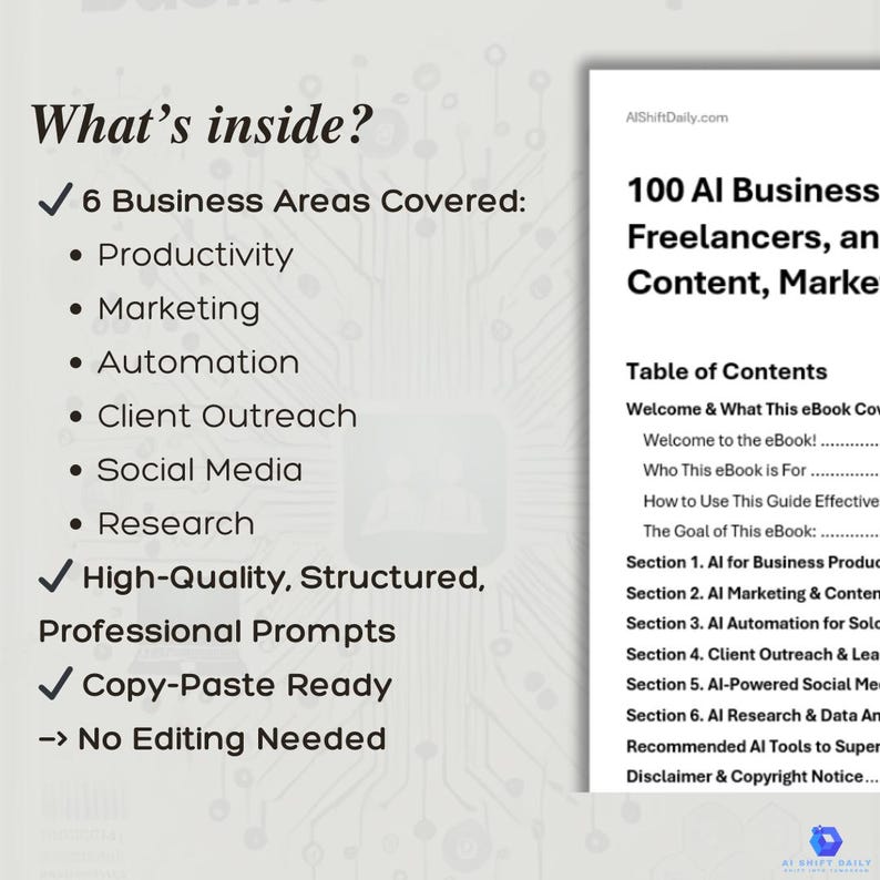Puede incluir: Una portada de ebook de marketing digital con una lista de verificaci&oacute;n de 6 &aacute;reas comerciales cubiertas: productividad, marketing, automatizaci&oacute;n, alcance al cliente, redes sociales e investigaci&oacute;n. El ebook se titula "100 ideas de negocios de IA para aut&oacute;nomos, agencias y mercad&oacute;logos de contenido".
