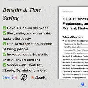 Puede incluir: Un icono de marca de verificaci&oacute;n verde junto al texto "Save 10+ hours per week" y otros beneficios de usar la automatizaci&oacute;n de IA para los negocios. El texto "100 AI Business Freelancers, an Content, Marke" tambi&eacute;n es visible.