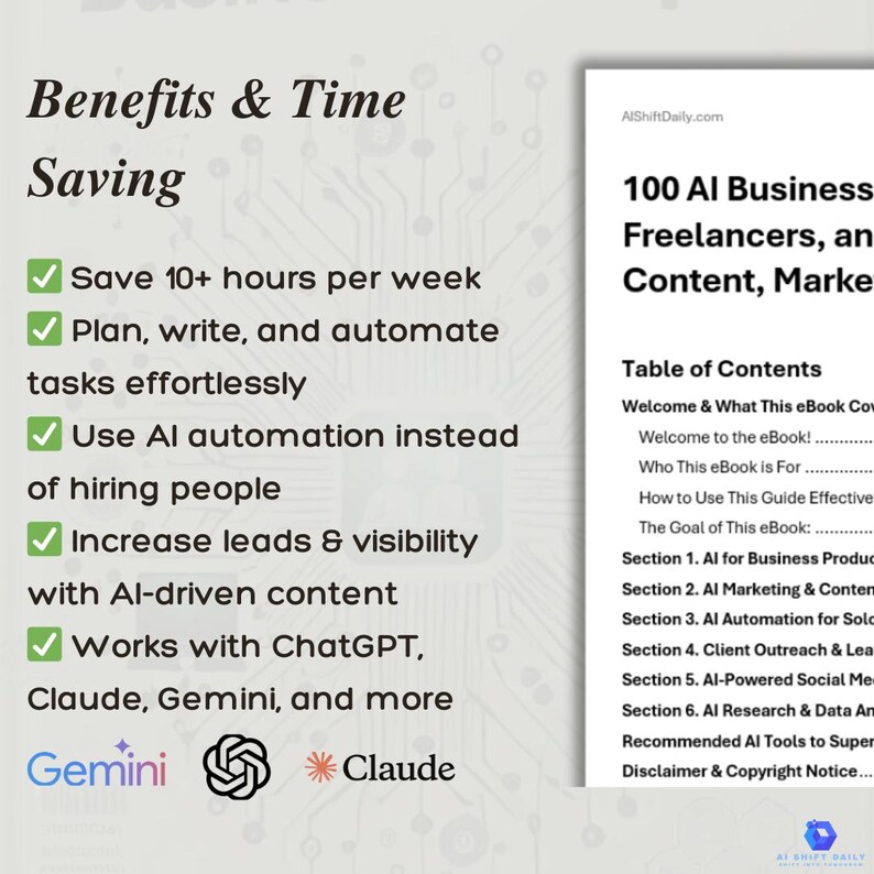 Puede incluir: Un icono de marca de verificaci&oacute;n verde junto al texto "Save 10+ hours per week" y otros beneficios de usar la automatizaci&oacute;n de IA para los negocios. El texto "100 AI Business Freelancers, an Content, Marke" tambi&eacute;n es visible.