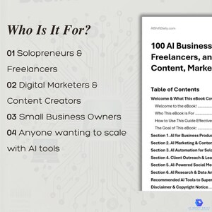 Puede incluir: Un gr&aacute;fico blanco y gris con el texto "Who Is It For?" y una lista de cuatro p&uacute;blicos objetivo para un libro electr&oacute;nico titulado "100 AI Business Freelancers, an Content, Market". La lista incluye emprendedores en solitario y aut&oacute;nomos, mercad&oacute;logos digitales y creadores de contenido, peque&ntilde;as empresas y cualquier persona que desee escalar con herramientas de IA.