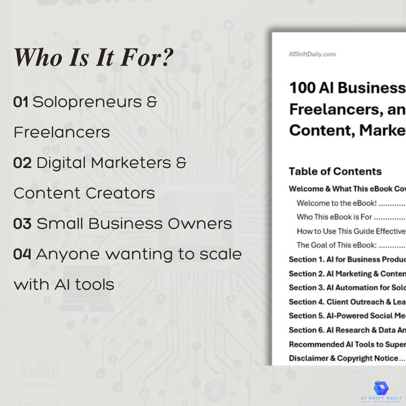 Puede incluir: Un gr&aacute;fico blanco y gris con el texto "Who Is It For?" y una lista de cuatro p&uacute;blicos objetivo para un libro electr&oacute;nico titulado "100 AI Business Freelancers, an Content, Market". La lista incluye emprendedores en solitario y aut&oacute;nomos, mercad&oacute;logos digitales y creadores de contenido, peque&ntilde;as empresas y cualquier persona que desee escalar con herramientas de IA.
