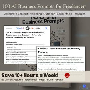 Puede incluir: Una portada de libro electr&oacute;nico azul y blanca con el t&iacute;tulo "100 AI Business Prompts for Freelancers". La portada tambi&eacute;n incluye el texto "Automate Content | Marketing | Outreach | Social Media | Research" y "Business Prompts".