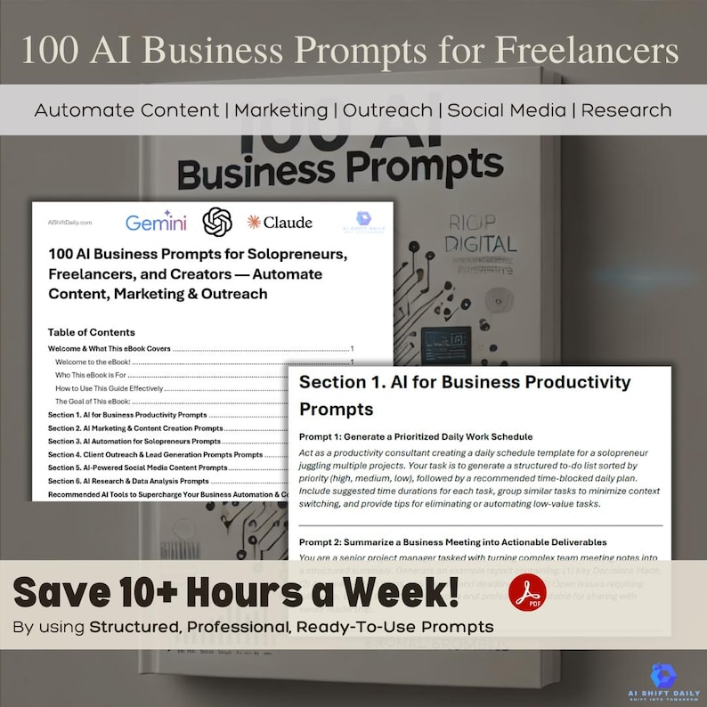 Puede incluir: Una portada de libro electr&oacute;nico azul y blanca con el t&iacute;tulo "100 AI Business Prompts for Freelancers". La portada tambi&eacute;n incluye el texto "Automate Content | Marketing | Outreach | Social Media | Research" y "Business Prompts".