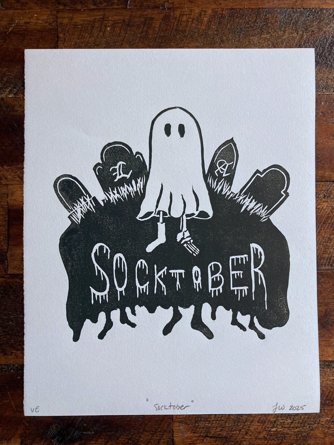 Socktober | Handmade Linocut Relief Print | Sock Knitting Ghost in ...