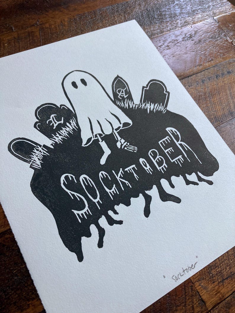 Socktober | Handmade Linocut Relief Print | Sock Knitting Ghost in ...