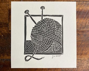 Knitting Time | Handmade Linocut Relief Print of Yarn Ball and Knitting Needles