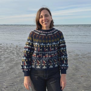 May include: A navy blue long-sleeve sweater featuring a multi-colored fair isle pattern with repeating motifs of ships, mountains, and geometric shapes in white, red, and yellow, finished with a ribbed crew neckline and cuffs.