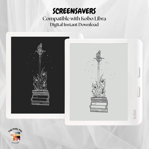 May include: Two digital screensavers for a Kobo Libra e-reader. The screensavers feature a black and white line drawing of a sword in a pile of books with flowers growing around the base of the sword.