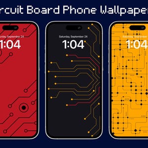 Puede incluir: Tres maquetas de pantalla de teléfono con patrones de placa de circuito. El primer teléfono tiene un fondo rojo con líneas de placa de circuito negras. El segundo teléfono tiene un fondo negro con líneas de placa de circuito amarillas y rojas. El tercer teléfono tiene un fondo amarillo con líneas de placa de circuito negras. Los tres teléfonos muestran la hora 1:04 y la fecha sábado 24 de septiembre.