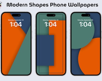 May include: Three phone wallpapers with abstract geometric shapes in orange, green, and blue. The wallpapers feature a simple clock display with the time 1:04 and the date Saturday, September 24.