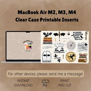 May include: A laptop with a clear case insert featuring various black and white graphics, including dragons, books, and text. The text includes "FOURTH WING," "IRON FLAME," and "ONYX STORM." The design is for MacBook Air M2, M3, and M4 models.