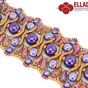 May include: A close-up of a beaded bracelet with a wavy pattern. The bracelet is made with gold, purple, and brown beads.