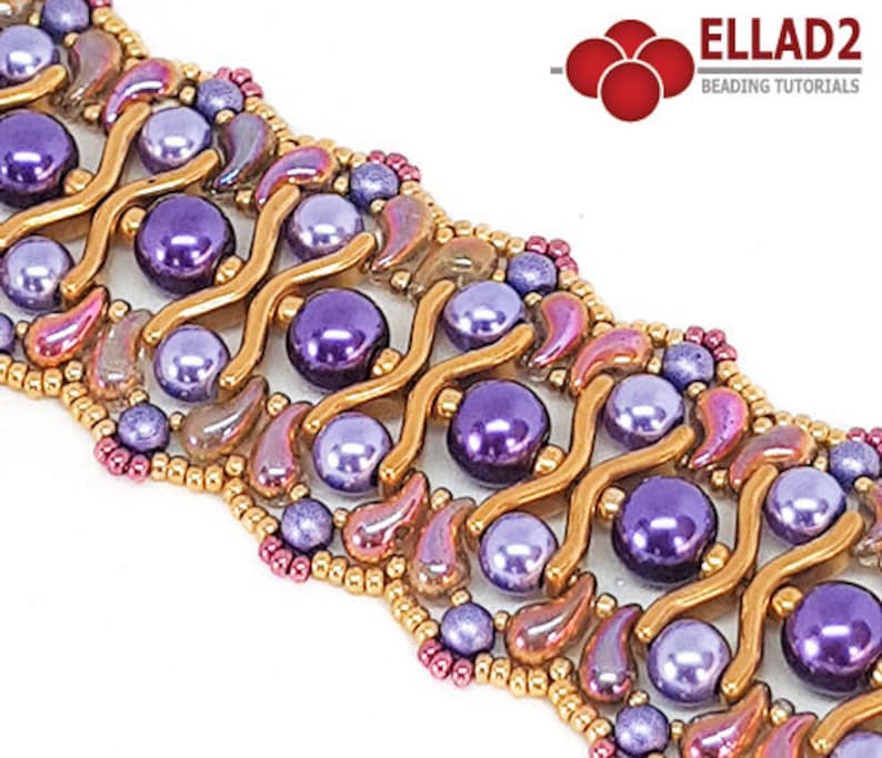 May include: A close-up of a beaded bracelet with a wavy pattern. The bracelet is made with gold, purple, and brown beads.