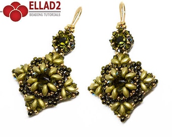 Tutorial Priya Earrings - Beading Tutorial, Beading patterns, Swarovski chaton 8mm, Superduo beads, design by Ellad2