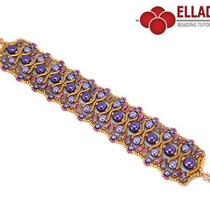May include: A beaded bracelet with a gold and purple color scheme. The bracelet features a repeating pattern of beads and is made with a variety of sizes and shapes of beads.