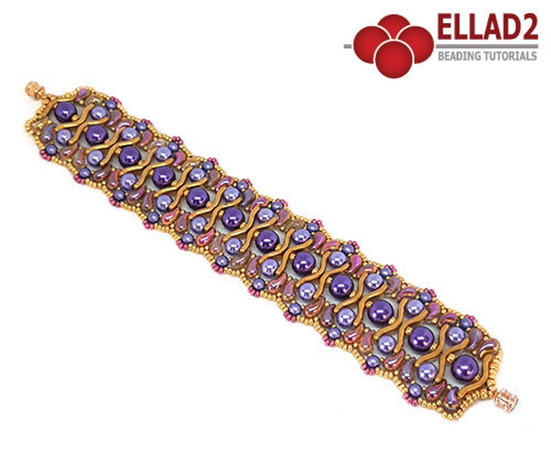 May include: A beaded bracelet with a gold and purple color scheme. The bracelet features a repeating pattern of beads and is made with a variety of sizes and shapes of beads.