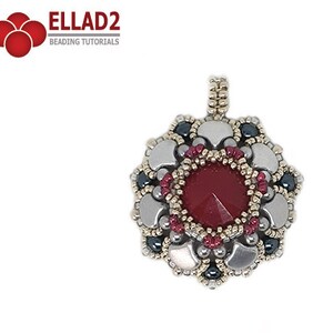 May include: A handcrafted pendant with a large, faceted, red gemstone at its center. The pendant is surrounded by silver, dark blue, and red beads, creating a floral design. The text "ELLAD2 BEADING TUTORIALS" is in the upper left corner.