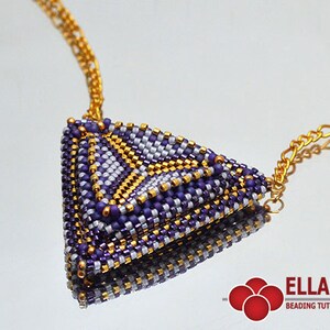 May include: A purple and gold beaded triangle pendant necklace. The pendant is made of small beads and has a geometric design. The necklace is attached to a gold chain.