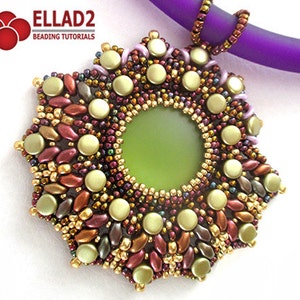 May include: A green glass pendant with a beaded frame in shades of gold, brown, and purple. The beads are arranged in a circular pattern with a starburst design. The pendant is hanging from a purple cord.