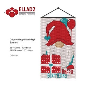May include: A beaded gnome holding a red gift box with white polka dots and a banner that says "HAPPY BIRTHDAY!" The gnome is wearing a red hat with a white beard and a blue and white balloon.