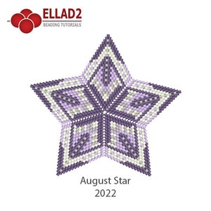 Könnte beinhalten: Ein sternförmiger Perlenschmuck in Lila und Weiß mit geometrischem Muster. Der Stern ist mit "August Star 2022" betitelt.