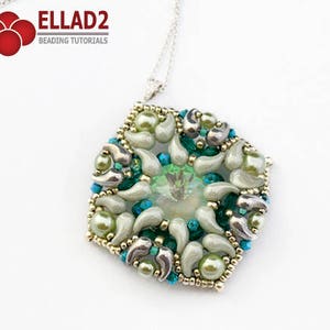 May include: A green and silver beaded pendant necklace with a hexagonal shape and a central green crystal. The pendant is made with seed beads and features a delicate, intricate design.