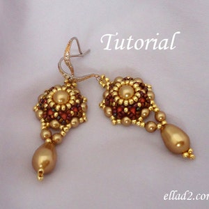 May include: Gold and brown beaded earrings with a teardrop-shaped dangle. The earrings are made with small seed beads and larger round beads. The earrings are a delicate and elegant design.