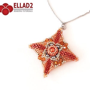 May include: A silver chain necklace with a beaded pendant in the shape of a star. The star is made with orange, peach, and silver beads.