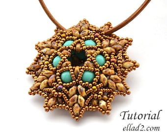 Puede incluir: Un collar con un colgante de estrella en cuentas doradas y turquesas. El colgante está hecho con pequeñas cuentas de semillas y presenta una cuenta turquesa central.