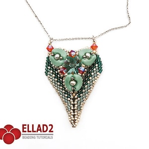 May include: A green and gold beaded necklace with a triangular pendant featuring a green and gold design. The pendant is adorned with small red and green beads, and a larger green bead in the center.