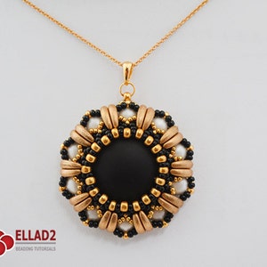 May include: A gold chain necklace with a black and gold beaded pendant. The pendant features a black center surrounded by gold and white beads.