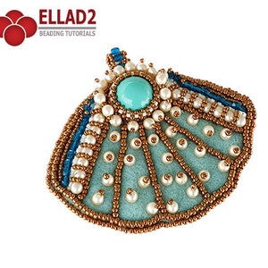 May include: A turquoise and gold beaded seashell pendant with a turquoise gemstone in the centre. The pendant is made with small beads and is a beautiful example of beading artistry.