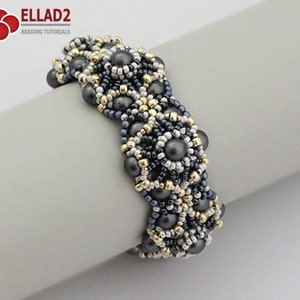 May include: A gray and gold beaded bracelet with a geometric pattern. The bracelet is made with small seed beads and larger pearls.