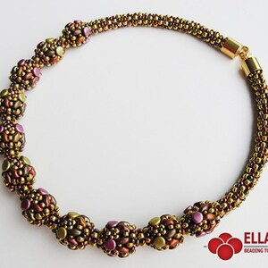 May include: A gold beaded necklace with a clasp closure. The necklace features a series of large, multi-colored beads that are made of smaller beads. The beads are in shades of brown, gold, and purple.