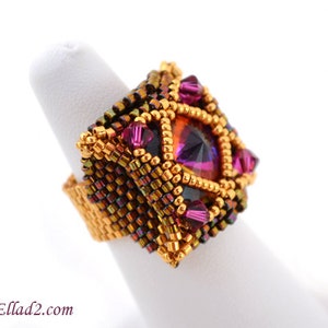 May include: A square-shaped ring with a large, faceted, purple gemstone surrounded by smaller, faceted, pink gemstones. The ring is made of gold-colored beads and has a dark brown and gold color scheme.
