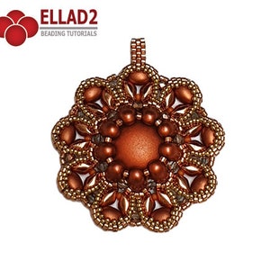 May include: A copper and gold beaded pendant in the shape of a flower with a central copper bead. The pendant is made with seed beads and has a loop at the top for hanging.